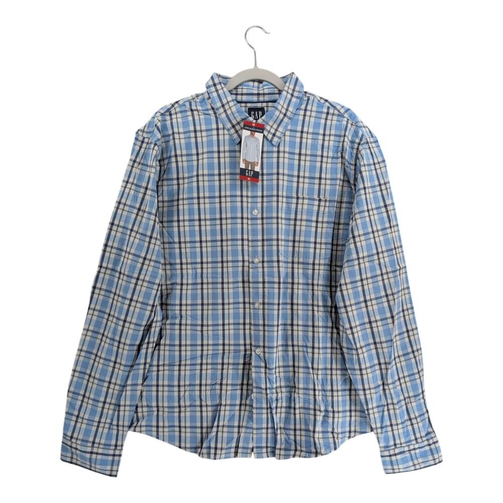 Gap Poplin Shirt Mens XL Glacier Gray Blue Plaid Long‎ Sleeve Button Down Office